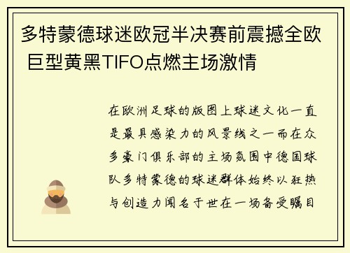 多特蒙德球迷欧冠半决赛前震撼全欧 巨型黄黑TIFO点燃主场激情